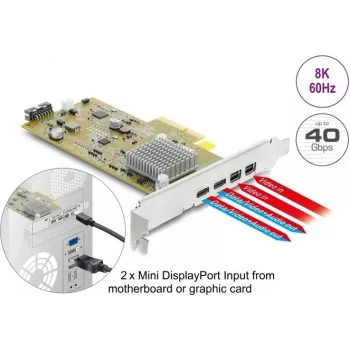 Delock PCI Express x4 kortelė į 2 x išorinius USB Type-C 40 Gbps (DP Alt režimas) moterišką – mažo profilio formos faktorius