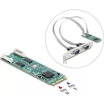 Delock M.2 Card to 2 x Serial RS-232 DB9 su standartiniais ir žemo profilio lizdų laikikliais