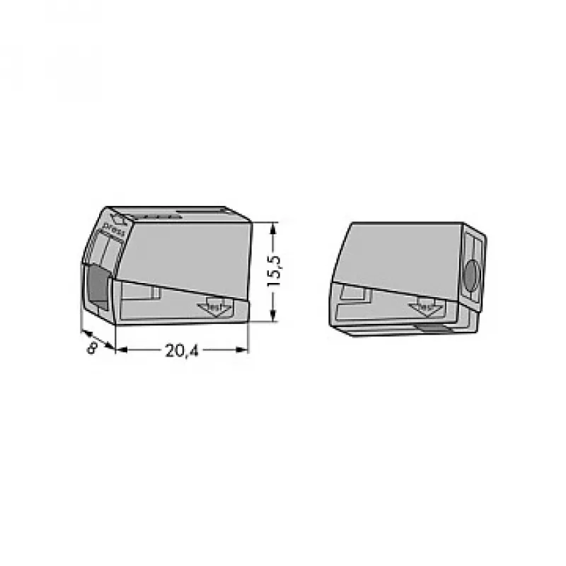 WAGO 224-101 1-laidas 2-jungčių Push-in CAGE CLAMP gnybtų blokas, 400 V, 24 A, 0,5-2,5 mm², permatomas/pilka