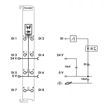 WAGO 753-430 - 8 kanalų skaitmeninių įėjimų modulis, 24 VDC, 5 kV izoliacija, CAGE CLAMP, DIN bėgelis