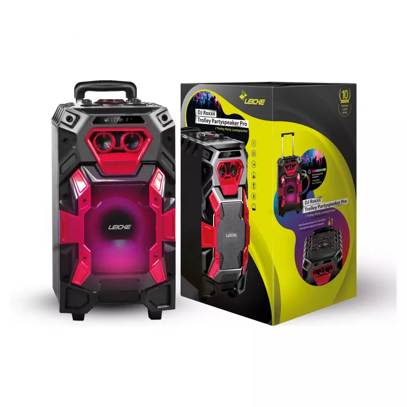 Leicke DJ ROXX TROLLEY PRO nešiojama PA garsiakalbių sistema su Bluetooth, 100W RMS, 10 inch žemų dažnių garsiakalbiu, LED lemputėmis, vežimėliu, mikrofonu, nuotolinio valdymo pultu
