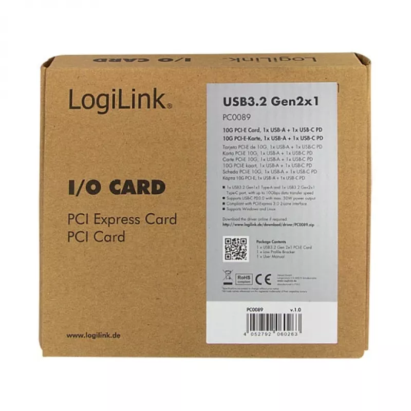 LogiLink PCI Express USB 3.2 kortelė, 5 Gbps, 2 išoriniai + 3 vidiniai USB-A prievadai