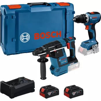BOSCH PowerTools Kombinuotas rinkinys Belaidis kombinuotas gręžtuvas 18V 65 + Rotacinis plaktukas 18V 26 su 2 akumuliatoriais 5 Ah ir įkrovikliu (Rinkinys)
