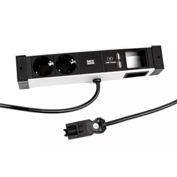 Bachmann DESK Rail Power Strip su 2 Schuko lizdais ir 2 USB įkrovimo prievadais, 2m kabelis, sidabrinė/juoda