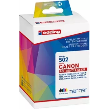 Edding EDD-502 suderinamų rašalo kasečių rinkinys juoda, foto juoda, žydra, purpurinė, geltona (5 vnt.) pakeičia Canon PGI-550XL/CLI-551XL