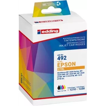 Edding suderinamų rašalo kasečių rinkinys, skirtas Epson 27XL (žydra, purpurinė, geltona) – didelės išeigos – 3 vnt.