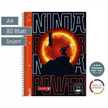 BRUNNEN College Block Ninja Power Lineatur 27 liniuotė DIN A4 su vidine parašte, 80 lapų, spiralinis įrišimas, 4 skylių perforacija, perforuoti, 70 gsm, baltas
