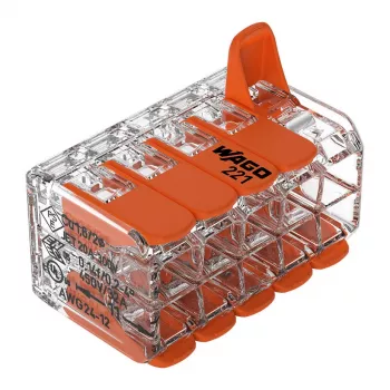 WAGO 221-420 Kompaktiška sujungimo jungtis su svirtelėmis, 10 laidininkų, 0,2-4 mm², permatomas korpusas, oranžinė svirtelė, 10 vnt. pakuotė