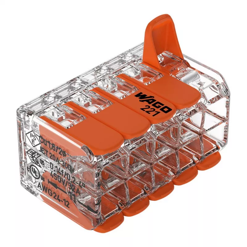 WAGO 221-420 Kompaktiška sujungimo jungtis su svirtelėmis, 10 laidininkų, 0,2-4 mm², permatomas korpusas, oranžinė svirtelė, 10 vnt. pakuotė