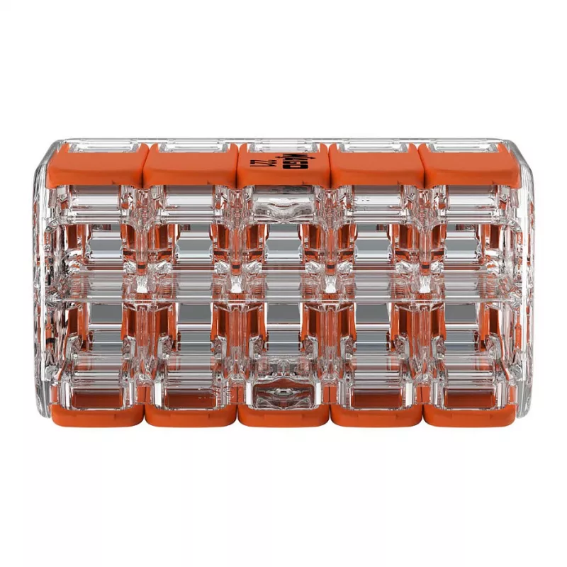 WAGO 221-420 Kompaktiška sujungimo jungtis su svirtelėmis, 10 laidininkų, 0,2-4 mm², permatomas korpusas, oranžinė svirtelė, 10 vnt. pakuotė