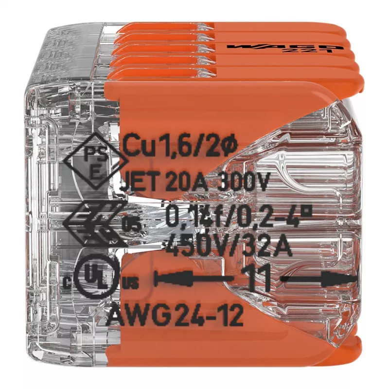 WAGO 221-420 Kompaktiška sujungimo jungtis su svirtelėmis, 10 laidininkų, 0,2-4 mm², permatomas korpusas, oranžinė svirtelė, 10 vnt. pakuotė