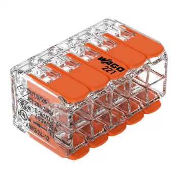 WAGO 221-420 Kompaktiška sujungimo jungtis su svirtelėmis, 10 laidininkų, 0,2-4 mm², permatomas korpusas, oranžinė svirtelė, 10 vnt. pakuotė