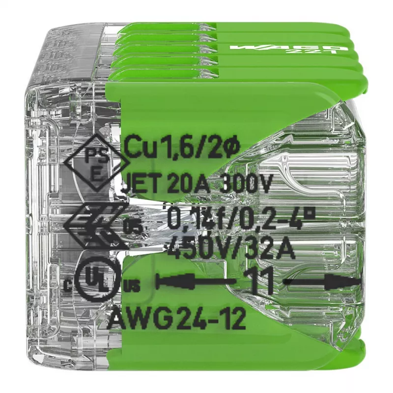 WAGO 221-430 COMPACT 2-Conductor Connector, 0.2-4 mm², 15 vnt., Green Range