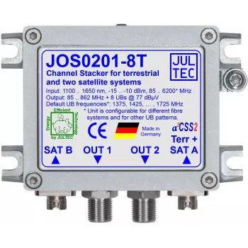 JULTEC JOS0201-8T Unicable II / JESS vieno kabelio keitiklis su 2x optine palydovine ir 1x optine antžemine įvestimi, 8x F tipo išvestimis, FC/PC jungtimis