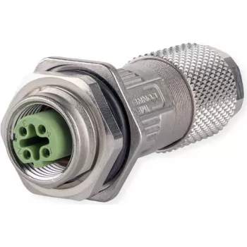 METZ CONNECT M12 lizdas D-koduotas IP67 montuojamas lauke su flanšu, moteriškas, 4 kontaktų, A-koduotas