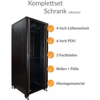 IT-BUDGET 19-Inch Network Cabinet SRK - Complete Set - 42U - Width 800 mm, Depth 800 mm - Glass/Solid Steel Door - 4 Active Fans - PDU - Shelves - Pre-assembled - Black (99ITB19SRK4288GSM)