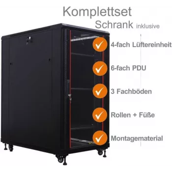IT-BUDGET 19-Inch Network Cabinet SRK - Complete Set - 27 HE - WxD 800x800 mm - Glass/Solid Steel Door - 4 Active Fans - PDU - Shelves - Pre-assembled - Black (99ITB19SRK2788GSM)