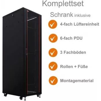 IT-BUDGET 19-Inch Network Rack SRK - Complete Set - 42U - 600x800 mm - Glass/Steel Door - 4 Active Fans - PDU - Shelves - Flatpack - Black (90ITB19SRK4268GS)