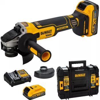 DEWALT DCG405S2T-QW 18V XR belaidis kampinis šlifuoklis 125mm bešepetėlis su 2x5.0Ah baterijomis, įkrovikliu ir TSTAK dėklu