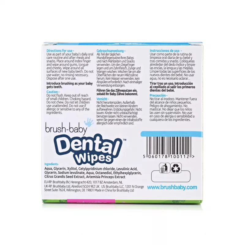 BRUSH BABY dantų valymo servetėlės su ksilitoliu dantenoms ir pieniniams dantims valyti 0–16 mėn., 28 vnt.