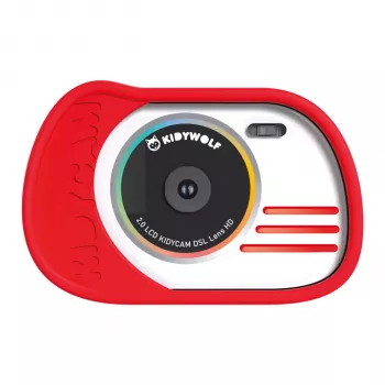 KIDYWOLF Foto ir vaizdo kamera raudona - 8MP vaikų skaitmeninė kamera su 2,0 colių LCD, Full HD 1080p, 4x priartinimu, smūgiams atspariu silikoniniu dėklu, MicroSD lizdu, įmontuotais žaidimais, įkraunama baterija, USB kabeliu ir kaklo dirželiu