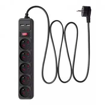 Akyga AK-SP-05U ilgintuvas su apsauga nuo viršįtampių, 5 CEE 7/5 (E tipo) lizdai, 2x USB-A, 1,8 m, juodas