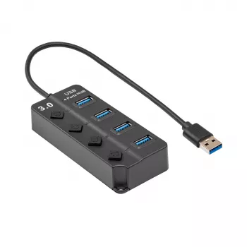 Akyga AK-AD-33 aktyvus USB 3.0 šakotuvas, 4 prievadai su atskirais jungikliais, 15 cm, juodas