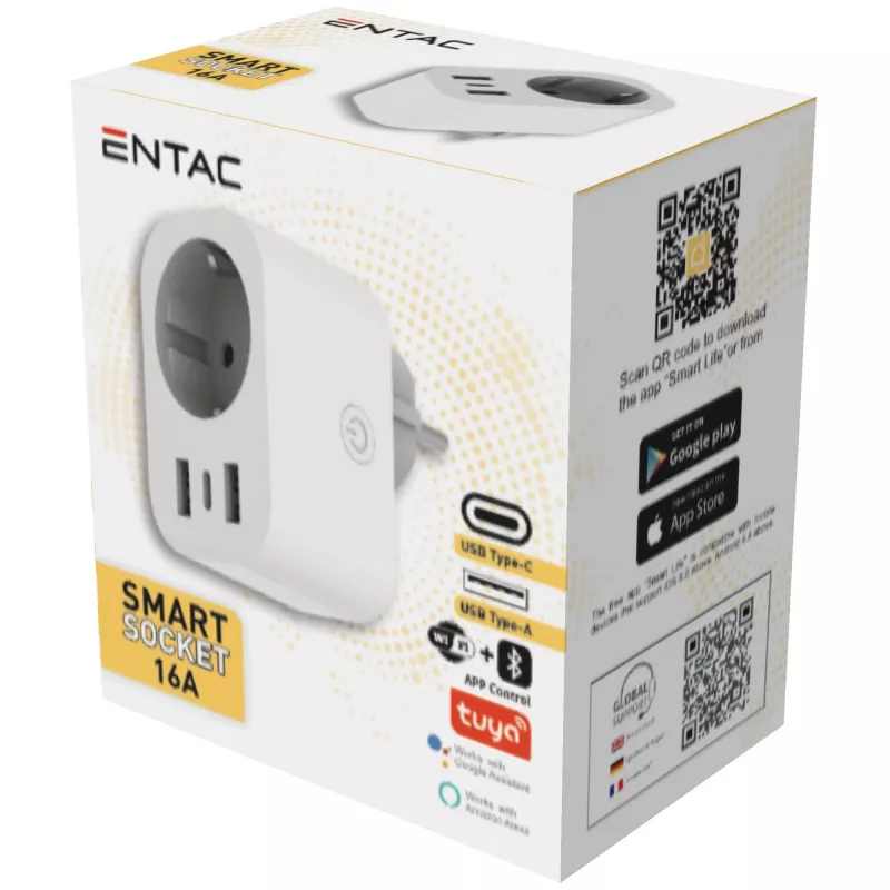 ENTAC Smart WiFi Plug 1x Schuko su 2x USB-A ir 1x USB-C, balta