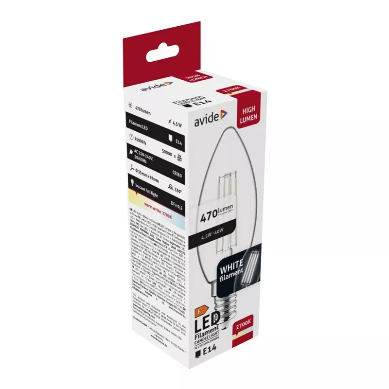 Avide LED kaitinamojo siūlelio žvakės lemputė 4,5W E14 šilta balta 2700K
