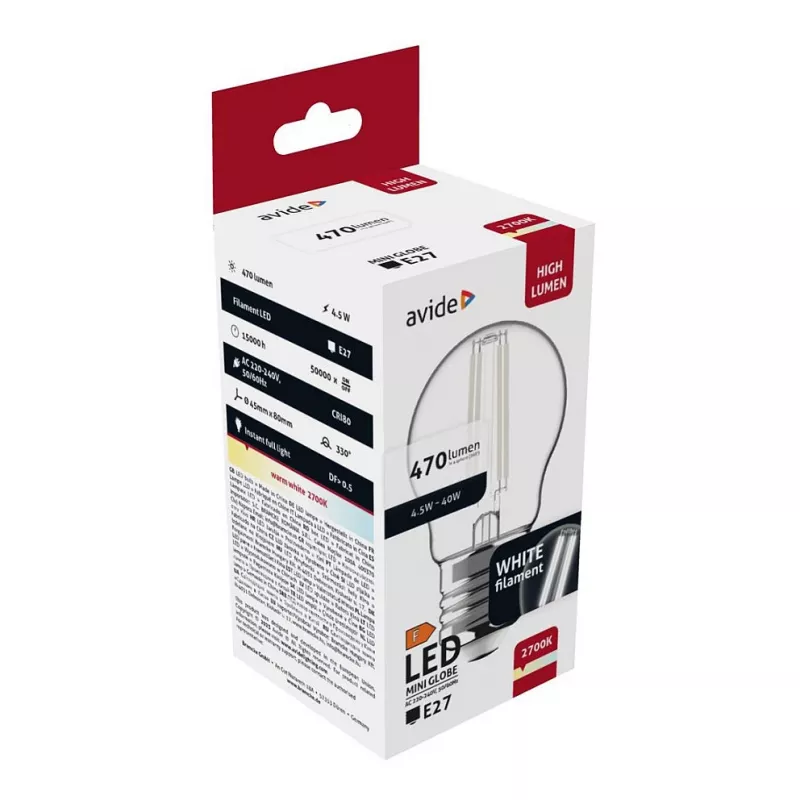 Avide LED lemputė White Filament Mini Globe 4.5W E27 šilta balta 2700K