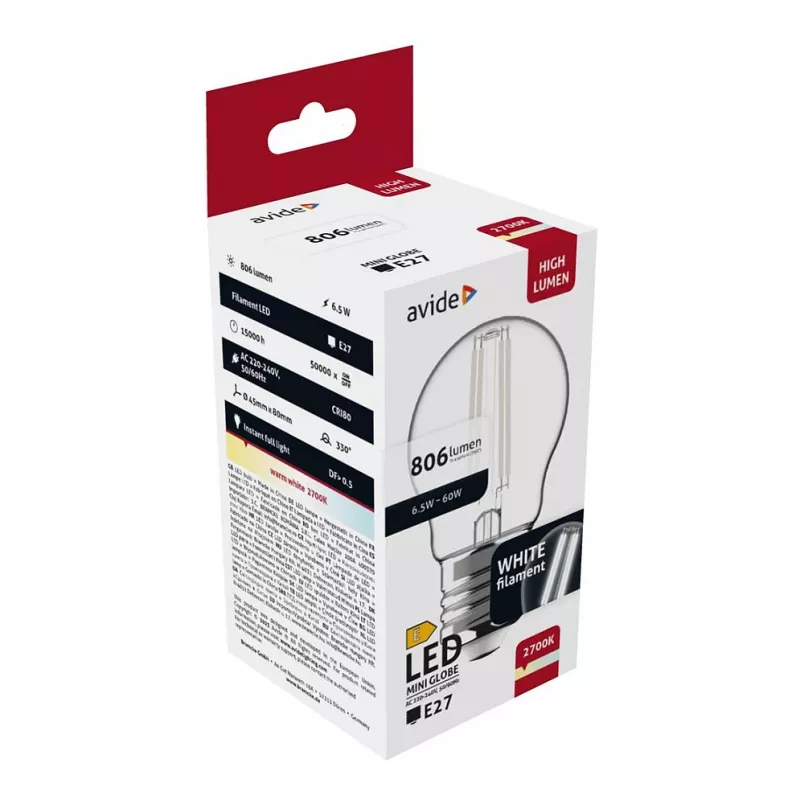 Avide LED lemputė baltas kaitinimo siūlelis mini rutulys 6.5W E27 šilta balta 2700K