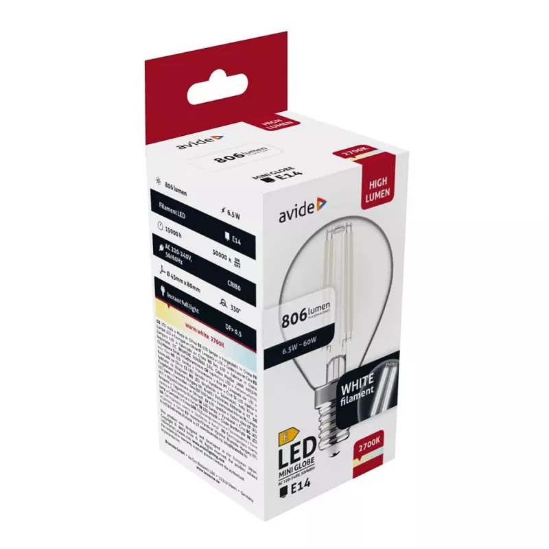 Avide LED lemputė White Filament Mini Globe 6,5W E14 šilta balta 2700K