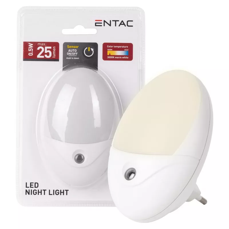 ENTAC LED naktinė lemputė 0,5W ovali šilta balta su prieblandos jutikliu