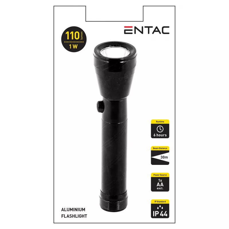 ENTAC 1W LED žibintuvėlis, aliuminis, juodas, AA baterija