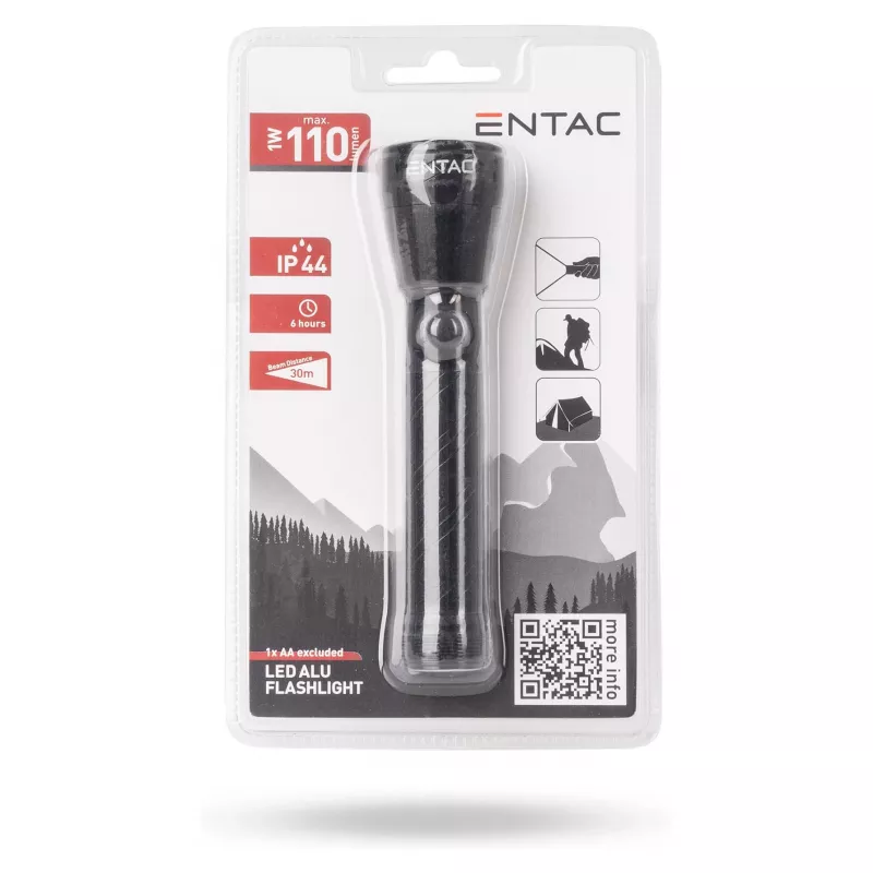 ENTAC 1W LED žibintuvėlis, aliuminis, juodas, AA baterija