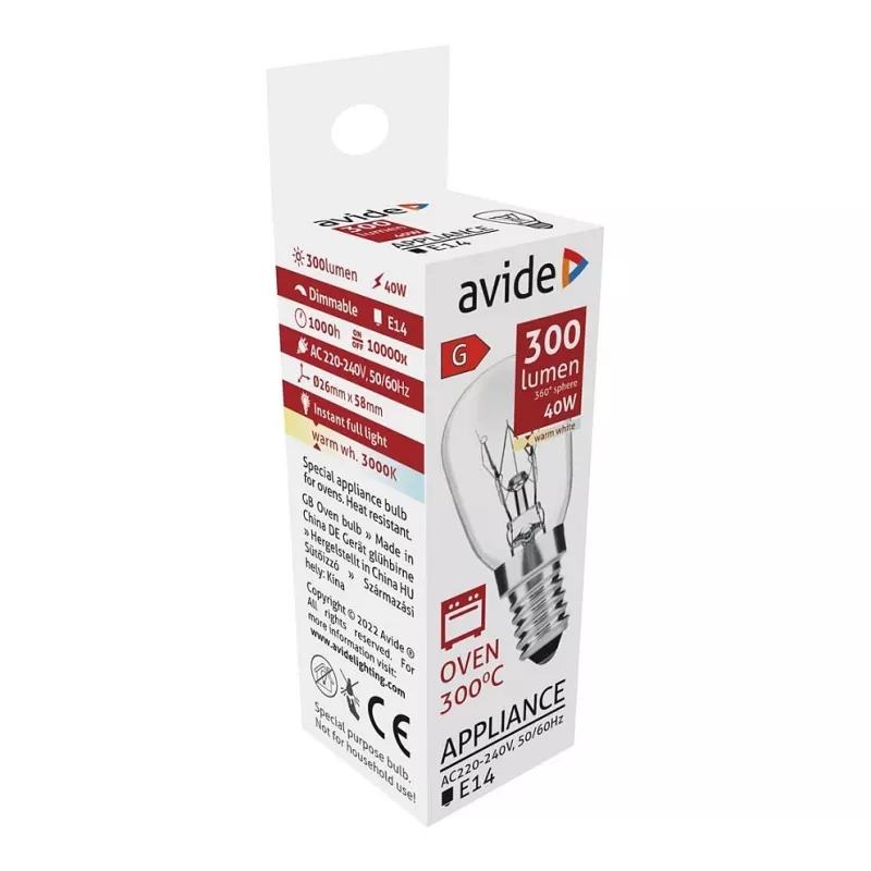Avide Oven Lamp 300°C 300lm 40W E14 Warm White 3000K