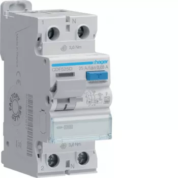 HAGER CDF525D Apsauginis nuotėkio srovės jungiklis 2P 10kA 25A 30mA F tipas
