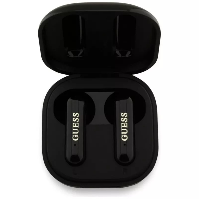 Guess 4G Metal Logo True Wireless Stereo Bluetooth Earbuds su įkrovimo dėklu (juodi)