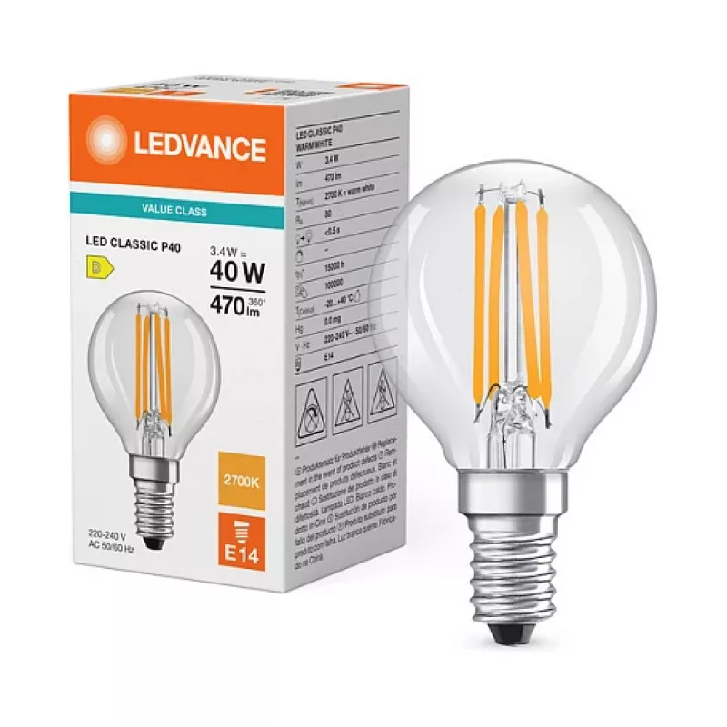 Osram LED Classic P 40 Filament 3.4W 827 Clear E14 LED lempa, mini gaublys
