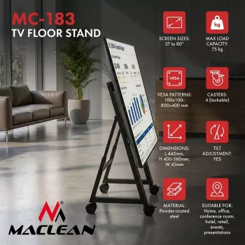 Maclean MC-183 Mobilus televizoriaus stovas / vežimėlis, 37-80 inch, VESA 800x400, 75 kg, užrakinami ratukai, juoda