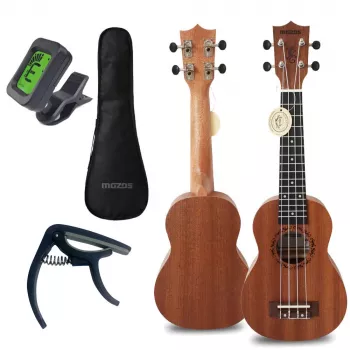 MOZOS GECKO Soprano Ukulele rinkinys - natūrali mediena, 12 griovelių, nailoninės stygos, įskaitant dėklą, derintuvą, plektrus, dirželį, atsargines stygas, valymo šluostę