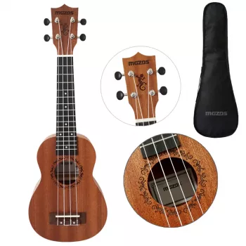 MOZOS GECKO Soprano Ukulele rinkinys - natūrali mediena, 12 griovelių, nailoninės stygos, įskaitant dėklą, derintuvą, plektrus, dirželį, atsargines stygas, valymo šluostę