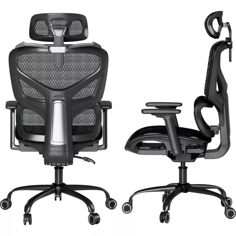 MOZOS ERGO-V Ergonominė biuro kėdė su reguliuojama juosmens atrama ir galvos atrama, juoda