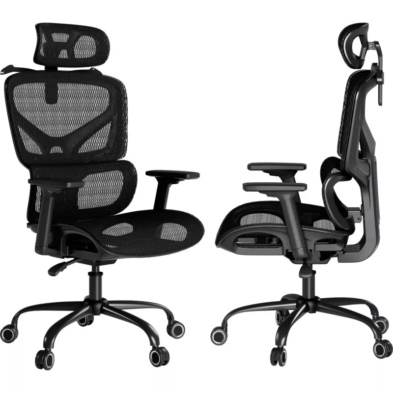 MOZOS ERGO-V Ergonominė biuro kėdė su reguliuojama juosmens atrama ir galvos atrama, juoda