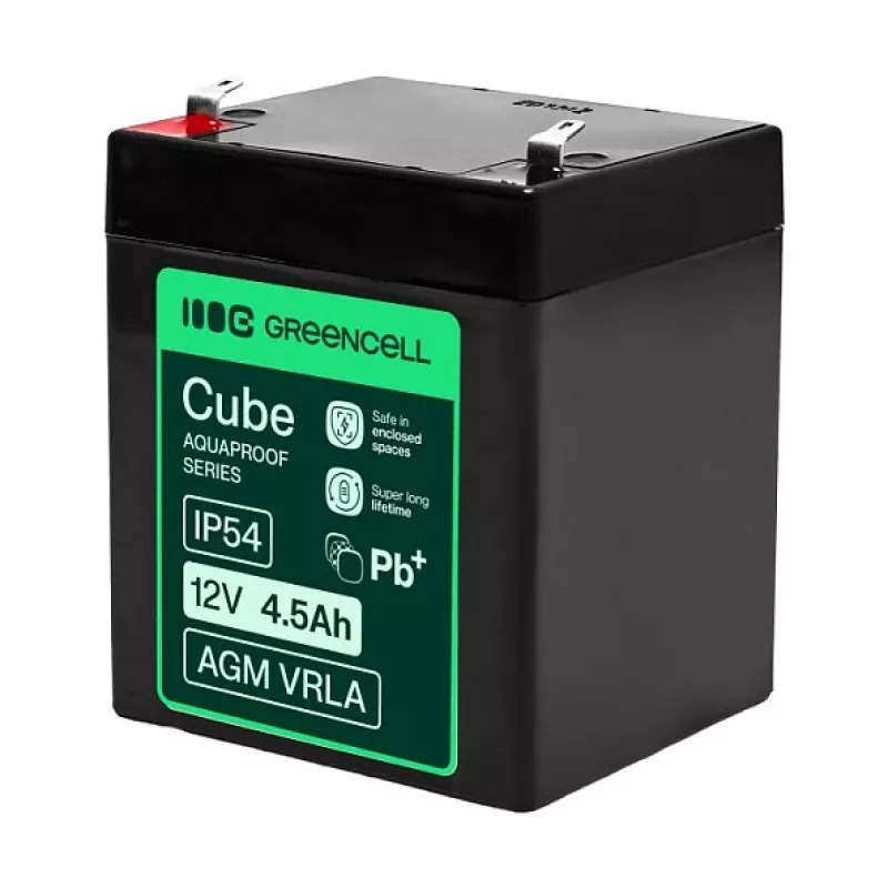 Greencell AGM VRLA 12V 4.5Ah Priežiūros nereikalaujanti baterija kasos aparatams, žaislams, kameroms (90x70x106mm)