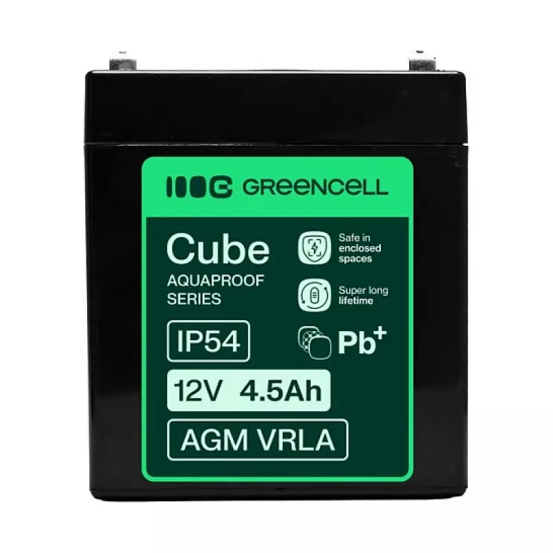 Greencell AGM VRLA 12V 4.5Ah Priežiūros nereikalaujanti baterija kasos aparatams, žaislams, kameroms (90x70x106mm)