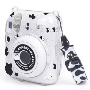 LOVEINSTANT Dėklas, skirtas Fujifilm Instax Mini 12 - Karvės raštas su blizgučiais, lipdukais ir nuotraukų kišene
