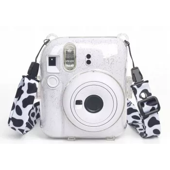 LOVEINSTANT Dėklas, skirtas Fujifilm Instax Mini 12 - Karvės raštas su blizgučiais, lipdukais ir nuotraukų kišene