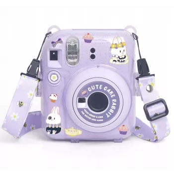 LOVEINSTANT apsauginis dėklas, skirtas Fujifilm Instax Mini 12 – saldaus zuikio dizainas, purpurinis blizgesys, su lipdukais ir nuotraukų kišene
