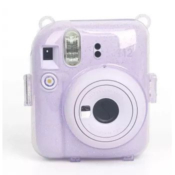 LOVEINSTANT apsauginis dėklas, skirtas Fujifilm Instax Mini 12 – saldaus zuikio dizainas, purpurinis blizgesys, su lipdukais ir nuotraukų kišene